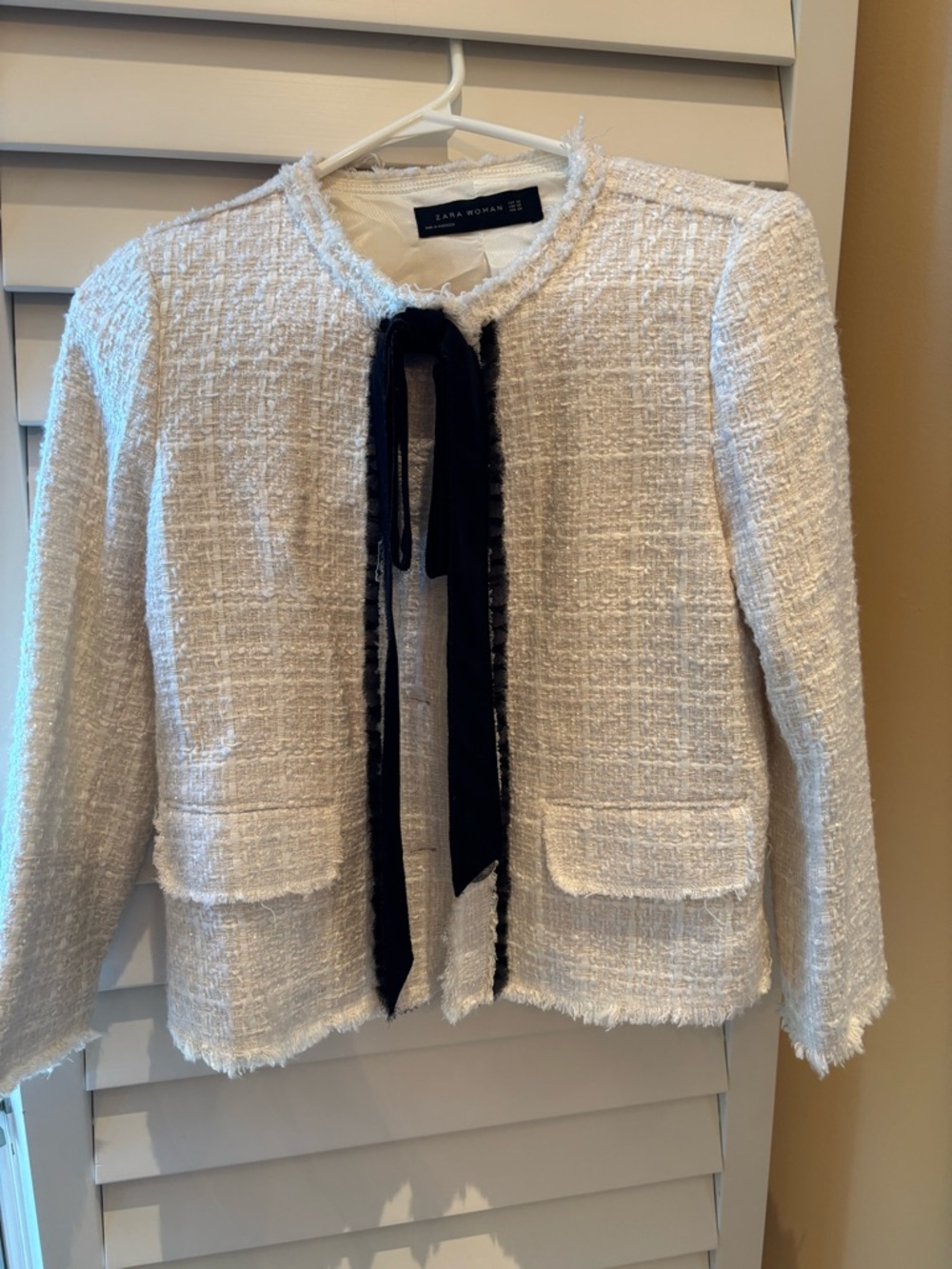 Zara Cream Tweed Jacket with Black Ribbon Tie